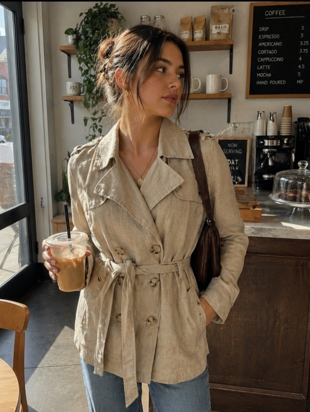 Old Navy Vintage Y2K •Size Small• Belted Linen Blend Pea Coat Tan